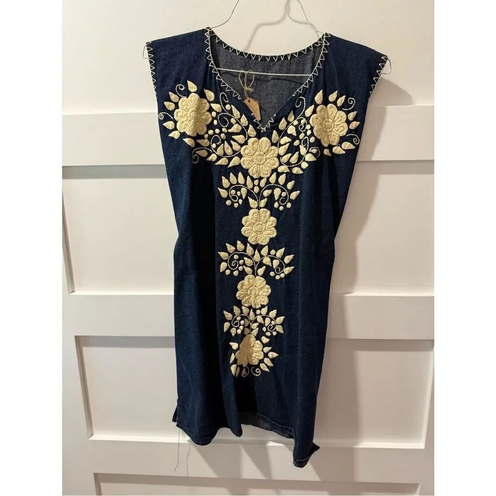 Handmade Upcycled Embroidered Navy Denim Cream Floral Motif boho Cottagecore